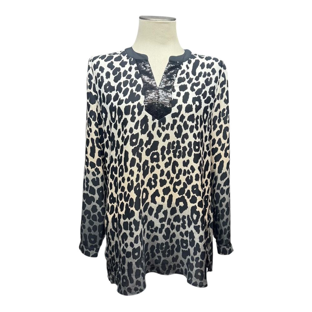 Susan Graver Long Sleeve Tunic Sequin Leopard Black Gray Tan 8